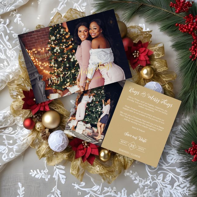 Wedding Exclusive Whimsical Golden Script 2 Photos Foil Holiday Card (Whimsical Fake Golden Typography Rings & Merry Things Quote Foil Holidays as a Save the Date.)