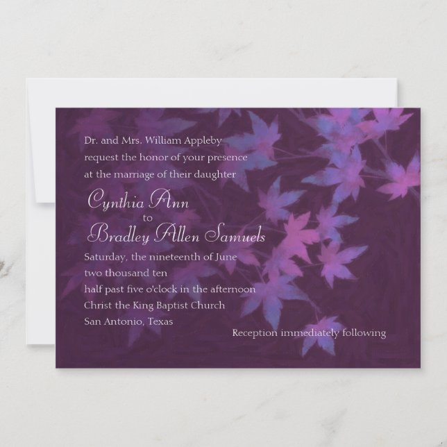 Wedding Fall Leaves in Purple and Pink Invitation (Front)