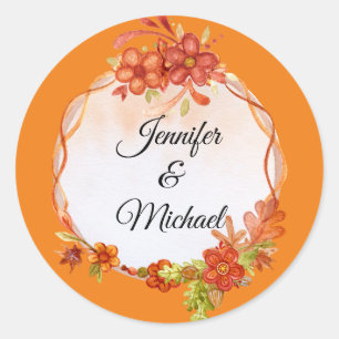 Wedding Fall Leaves Watercolor Personalise Names Classic Round Sticker