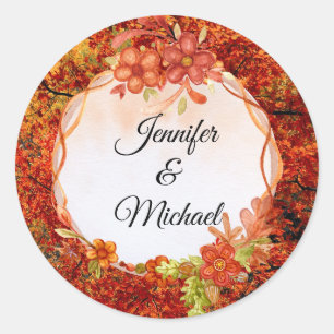 Wedding Fall Leaves Watercolor Personalise Names Classic Round Sticker