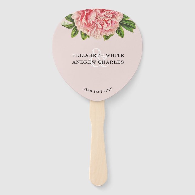 WEDDING FAN chic blush pink floral peony flower (Front)