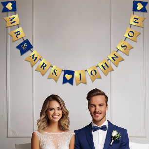Wedding Faux Gold Royal Blue Mr. & Mrs. Name Heart Bunting