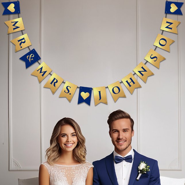 Wedding Faux Gold Royal Blue Mr. & Mrs. Name Heart Bunting (Creator Uploaded)