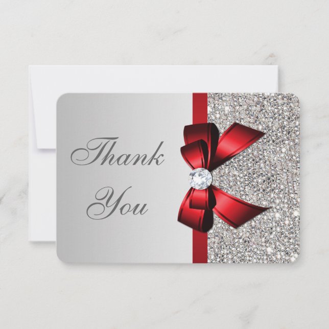 Wedding Faux Silver Sequins Red Bow Thank You (Front)