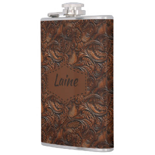Wedding Faux Tooled Leather Look Hip Flask