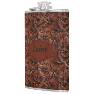 Wedding Faux Tooled Leather Look Hip Flask