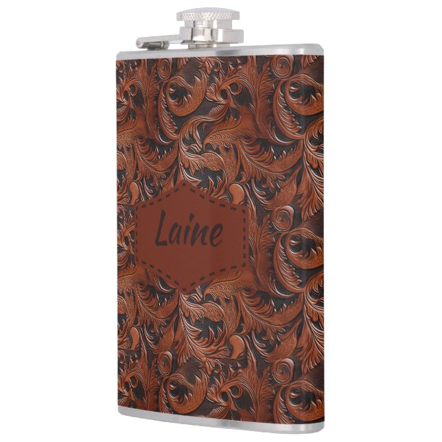 Wedding Faux Tooled Leather Look Hip Flask (Left)