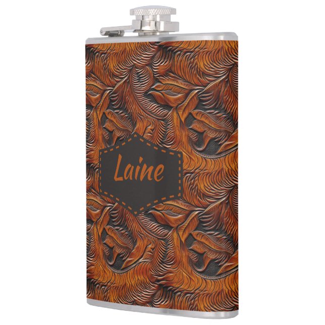 Wedding Faux Tooled Leather Look Hip Flask (Left)