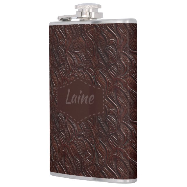 Wedding Faux Tooled Leather Look Hip Flask (Left)