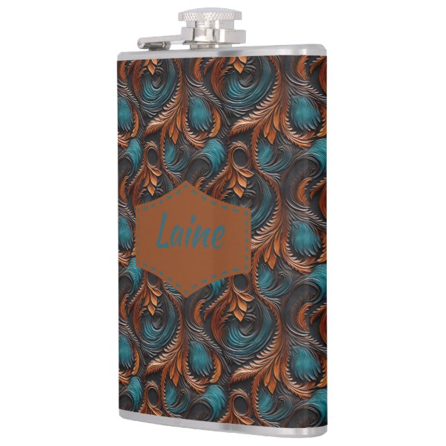 Wedding Faux Tooled Leather Look Hip Flask (Left)