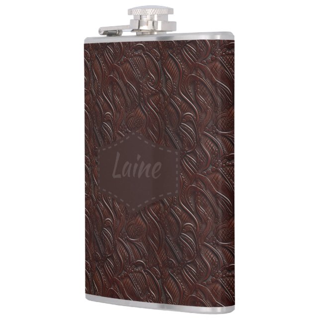 Wedding Faux Tooled Leather Look Hip Flask (Left)
