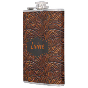 Wedding Faux Tooled Leather Look Hip Flask