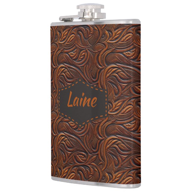 Wedding Faux Tooled Leather Look Hip Flask (Left)