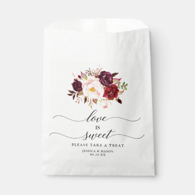 Wedding Favor Bag Love is Sweet Burgundy Marsala (Front)