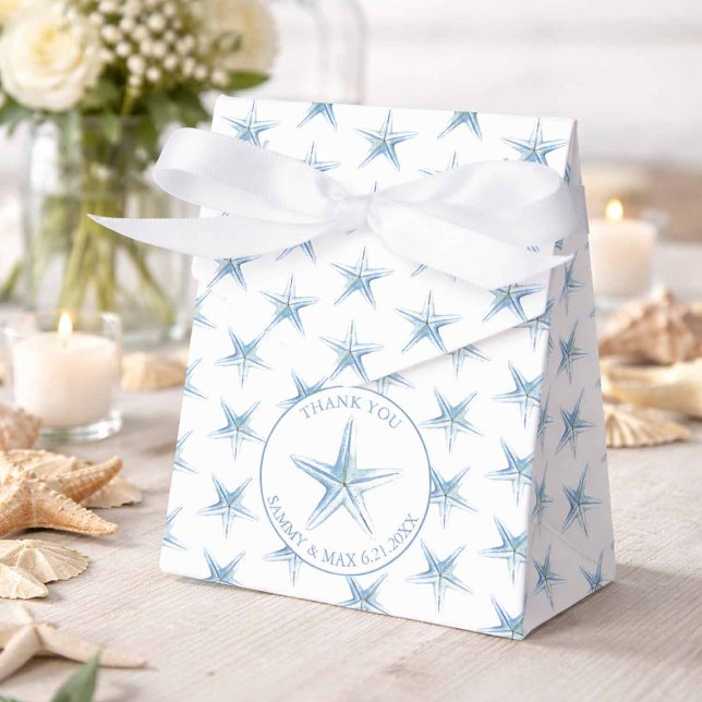 Wedding Favour Boxes Watercolor Beach (Beach wedding favor boxes designed with watercolor blue starfish pattern.)