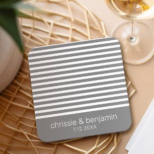 Wedding Favour Bride Groom Date Stripes Grey White Square Paper Coaster