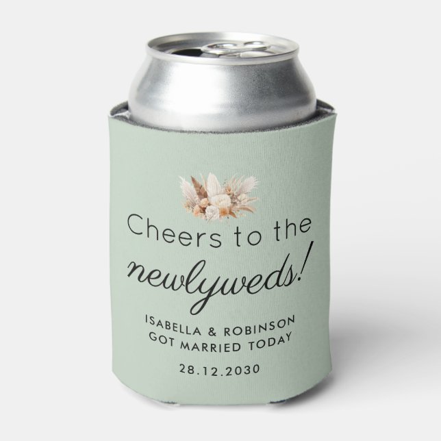 Wedding Favour Cheers to the Newlyweds Sage Green Can Cooler (Can Front)