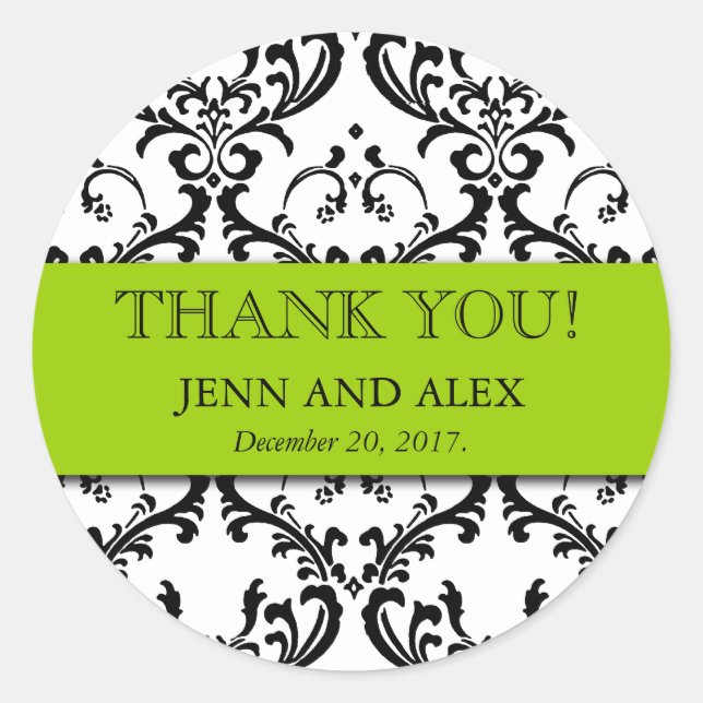 Wedding Favour Damask Thank You Stickers Green (Front)