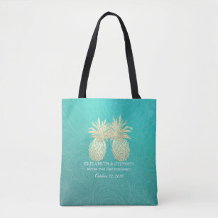 Wedding Favour Gold Foil Pineapple Couple Teal Ros Tote Bag