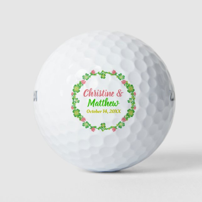 Wedding Favour Irish Clover Wreath Calligraphy Golf Balls (Front)