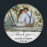 Wedding Favour Modern Typography Photo Thank You Magnet<br><div class="desc">This modern typography photo magnet will make the perfect favour for your wedding!  Personalise with the photo,  names,  and date of your choice.  The text is imposed over a light white bokeh background.</div>