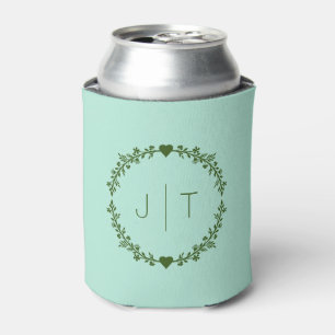 Wedding Favour Monogram Heart Wreath Green Pastel  Can Cooler