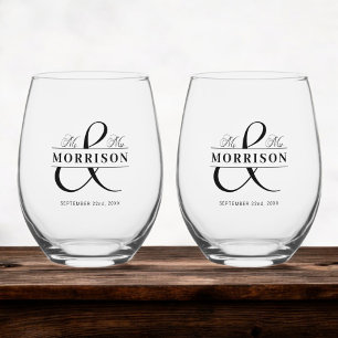Wedding Favour Mr Mrs Black White Stemless Wine Glass
