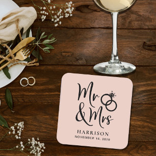 Wedding Favour Mr Mrs Blush Square Paper Coaster