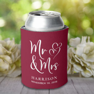Wedding Favour Mr Mrs Burgundy Can Cooler