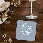 Wedding Favour Mr Mrs Dusty Blue Square Paper Coaster<br><div class="desc">Decorate your wedding reception tables and give your wedding guests a fun souvenir keepsake of your special day with these custom dusty blue coasters with "Mr & Mrs" written in a large white script and an illustration of two wedding rings joined together. Add your name and wedding date.</div>