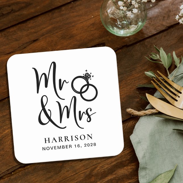 Wedding Favour Mr Mrs Square Paper Coaster (Creator Uploaded)