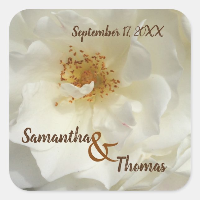 Wedding Favour Pretty White Rose Photo Floral Gues Square Sticker (Front)