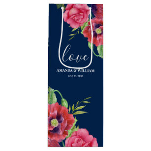 Wedding Favour Red and Pink Flowers Dark Navy Wine Gift Bag