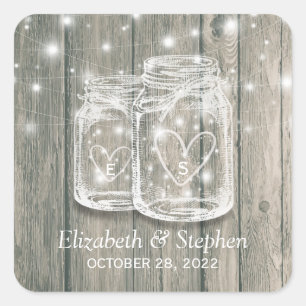 Wedding Favour Rustic Wood Mason Jars String Light Square Sticker
