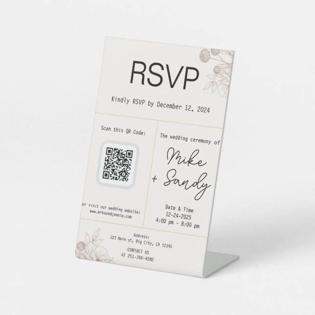Wedding Favour Table Sign, QR Code RSVP Sign (Front)