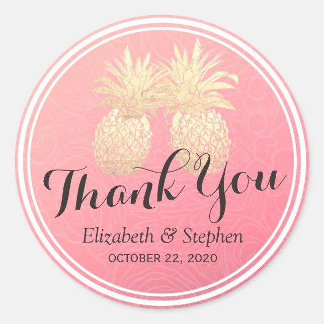 Wedding Favour Thank You Gold Pineapples Pink Rose Classic Round Sticker (Front)