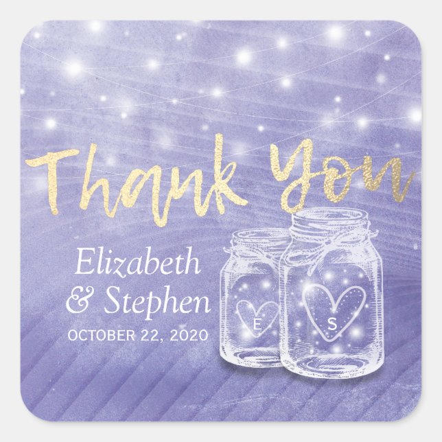 Wedding Favour Thank You Mason Jars & String Light Square Sticker (Front)