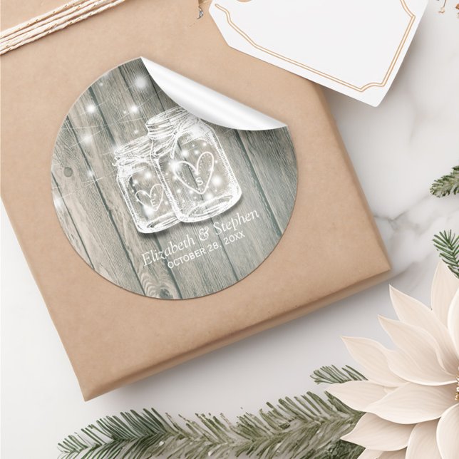 Wedding Favour Thank You Rustic Wood Mason Jar Lam Classic Round Sticker (Creator Uploaded)