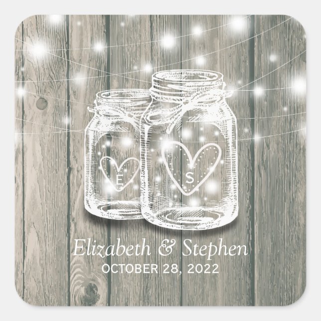 Wedding Favour Thank You Rustic Wood Mason Jar Lam Square Sticker (Front)