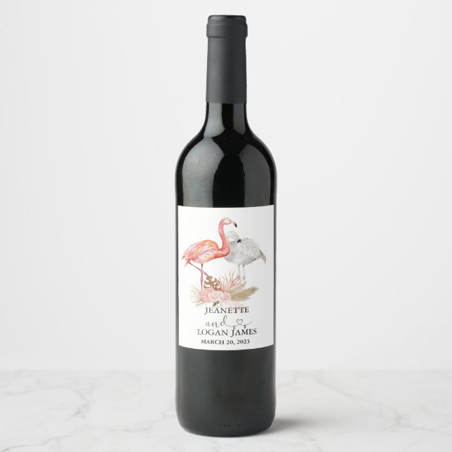 Wedding Favour Tropical Flamingo Boho Watercolor  Wine Label (Front)