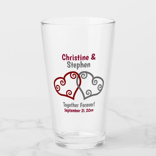 Wedding Favour Two Joined Interlocked Hearts Pint Glass (Front)