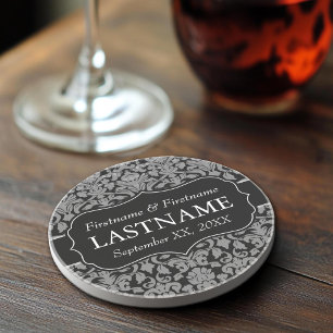 Wedding Favour - Vintage Black Damask Pattern Coaster