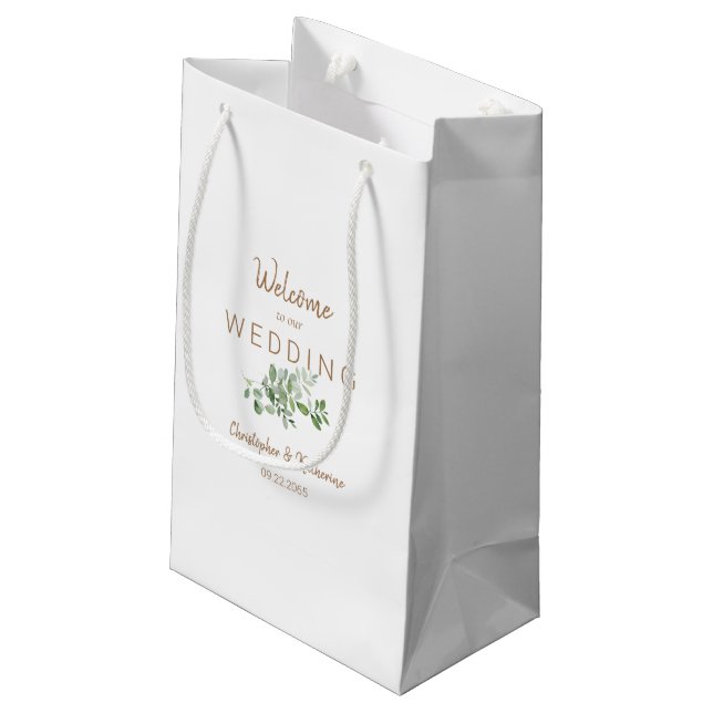 Wedding Favour White Couple Names Gold Text Small Gift Bag (Back Angled)