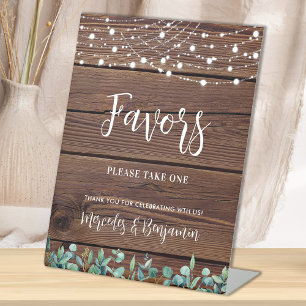 Wedding Favours Rustic Wood Greenery String Lights Pedestal Sign