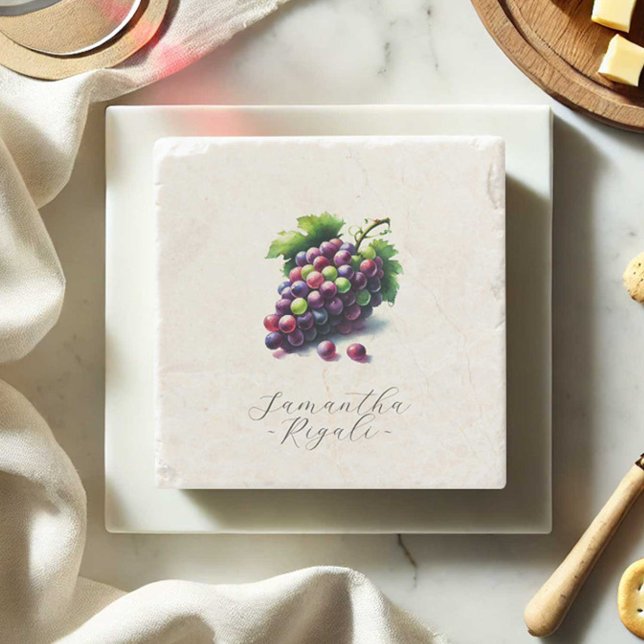 Wedding Favours Wine Tasting Theme Stone Coaster (Wine gift personalized coasters watercolor grapes designed by Victoria Grigaliunas Do Tell A Belle)