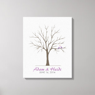 Wedding Fingerprint Tree – Love Birds - Purple Canvas Print