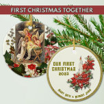 Wedding First Christmas Catholic Ceramic Ornament<br><div class="desc">Featuring a beautiful image of the traditional Nativity Scene on one side and then a candle with poinsettias and a rosary on the other side.  This ornament is sure to be a treasured addition to any home.</div>