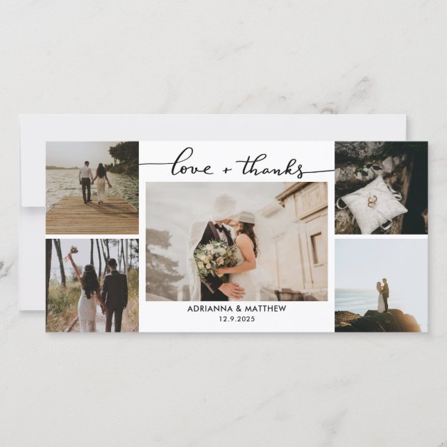 Wedding Five Photos Love and Thanks Script Thank You Card (Front)