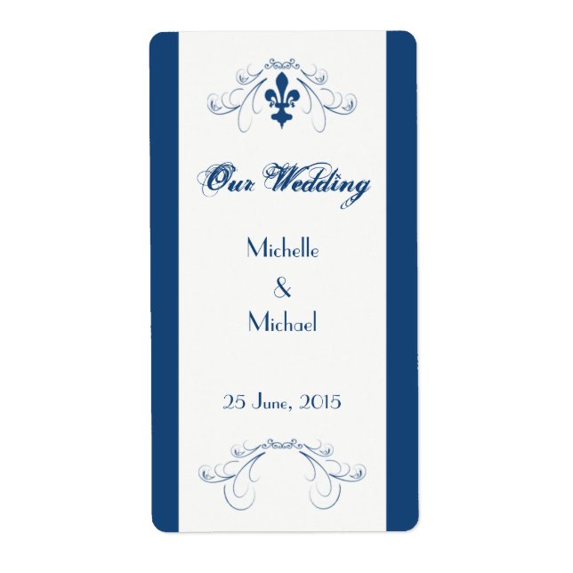 Wedding Fleur de Lis Wine Labels (Dark Blue) (Front)