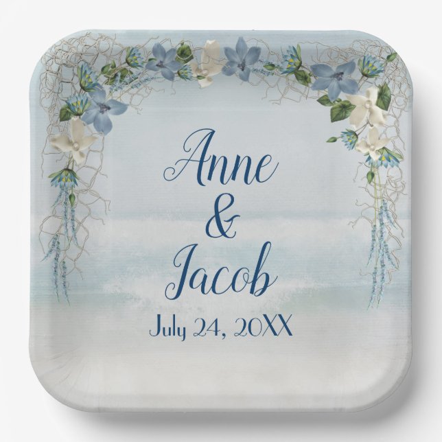 Wedding Floral Arch on Ocean Watercolor Paper Plate (Front)